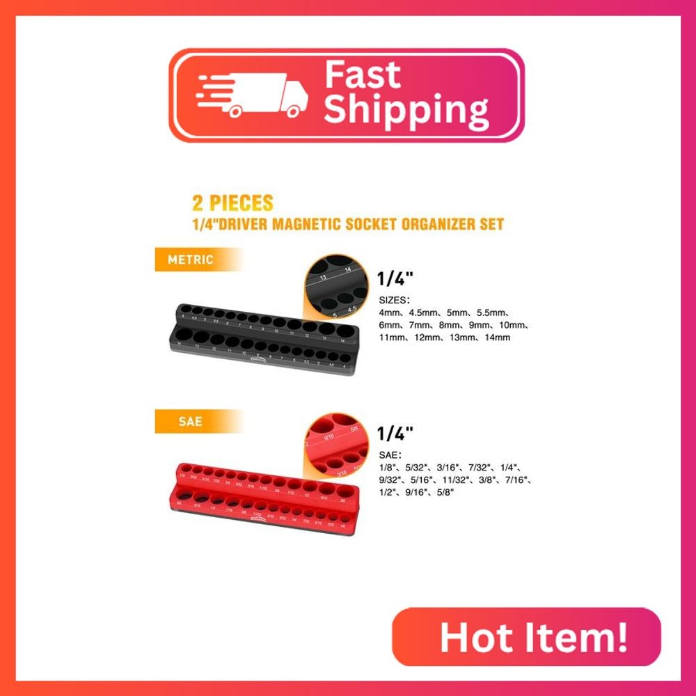 GOOACC 1/4″ Magnetic Socket Organizer, 2 Pieces Socket Holder Metric SAE Socket