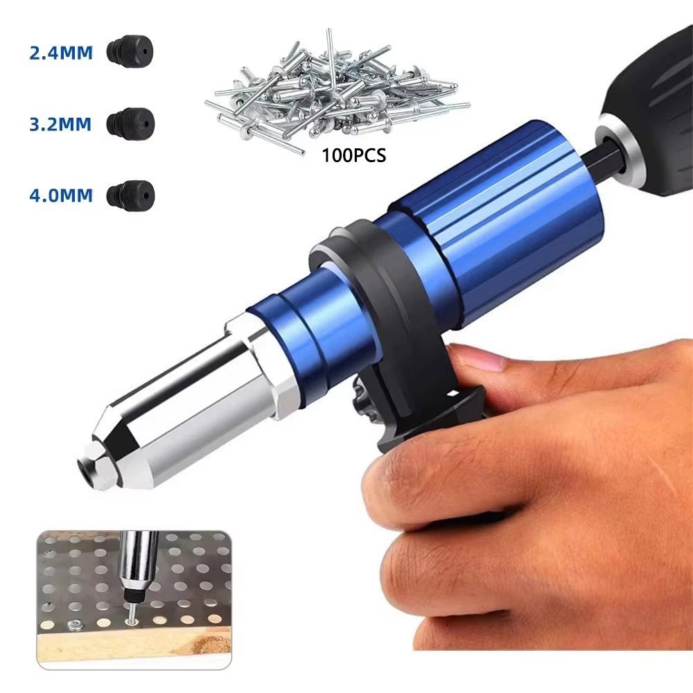 Electric Rivet Gun Adapter Cordless Drill Riveting Tool Kit w/ 100Pcs M4 Nails