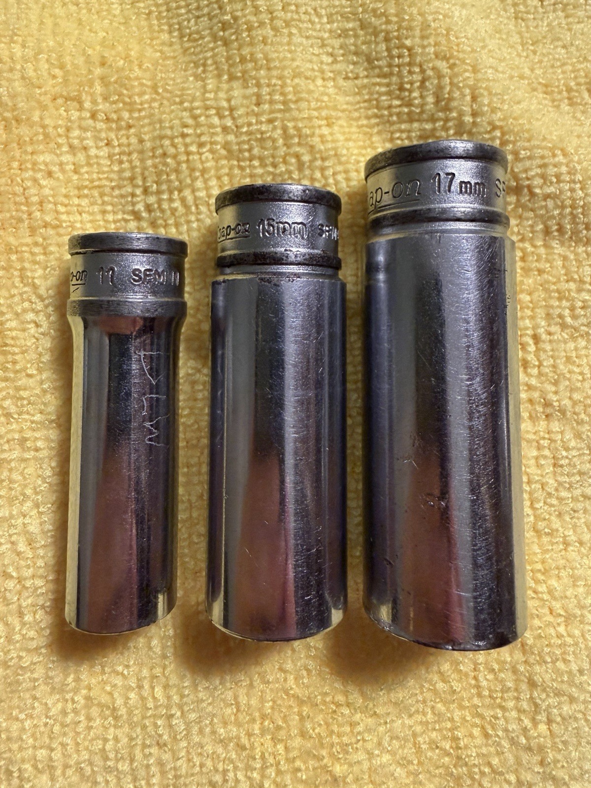 Lot Of 3 Snap-on Deep Metric Sockets 11mm, 15mm, 17mm SFM 12 Point Vintage