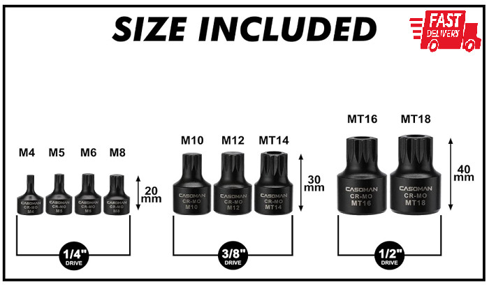 CASOMAN 9-Piece Low Profile Impact Triple Square Bit Socket Set, Includes Storag