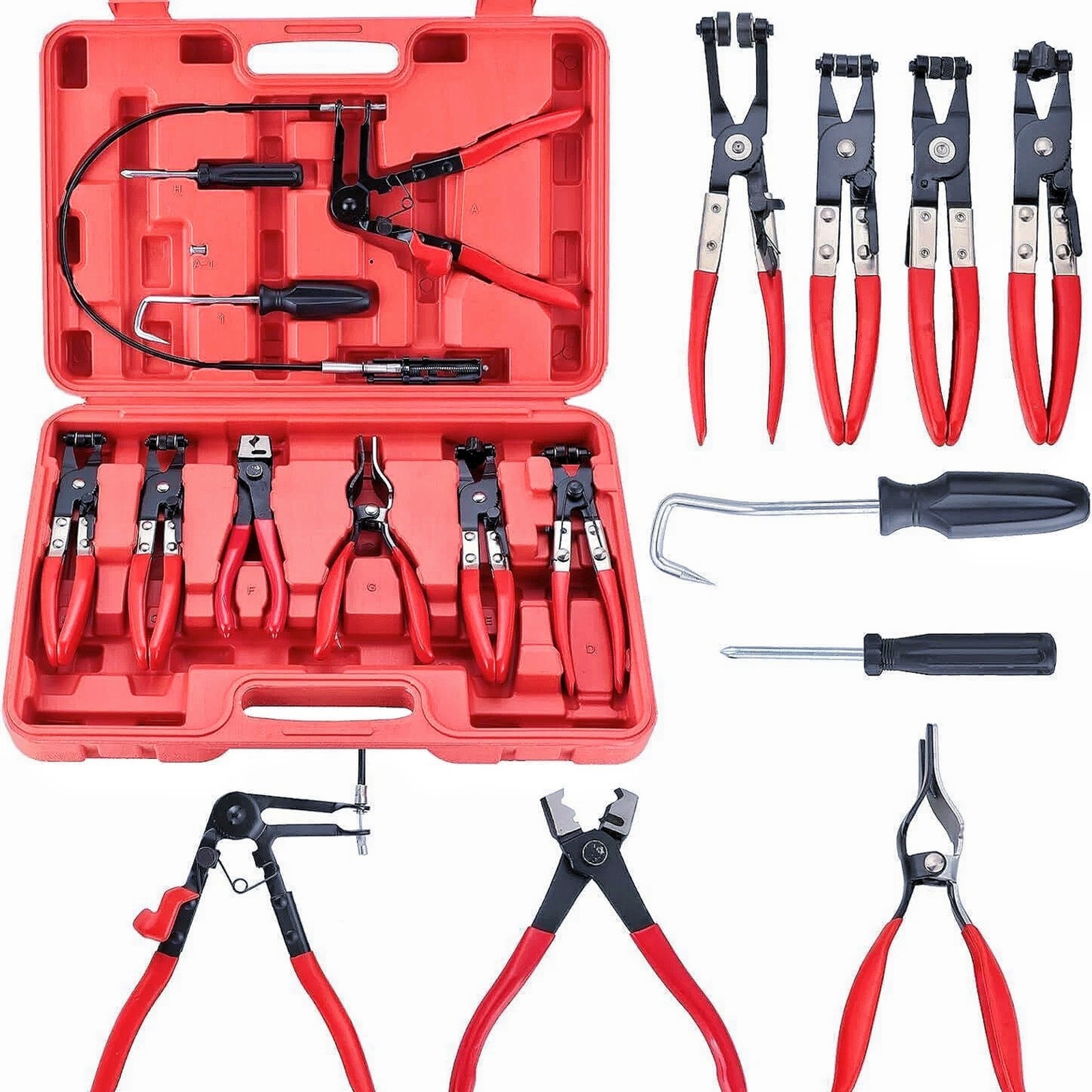 10Pc Hose Clamp Clip Remover Pliers Wire Long Reach Kit Fuel Oil Water Hose Tool