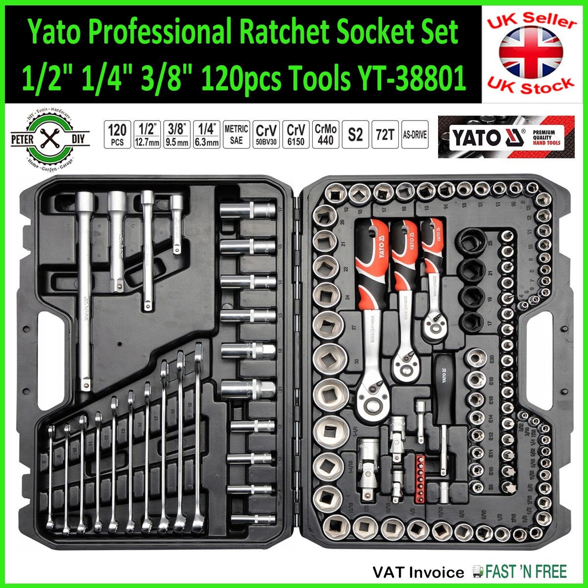 SOCKET SET RATCHET Yato Professional Tools 1/2″ 1/4″ 3/8″ 120pcs Tools YT-38801