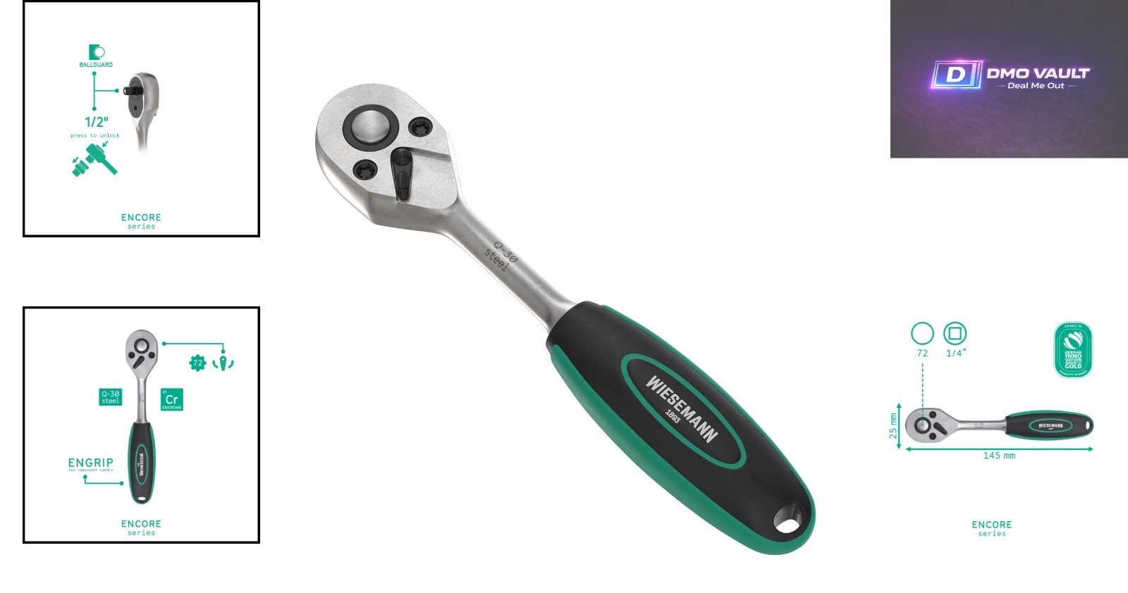 WIESEMANN 1893 Reversible 1/4» Ratchet with 72 Teeth – Chrome-Plated Steel