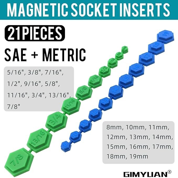 21pcs Magnetic Socket Inserts Tool Set SAE and Metric Sets 8-19mm & 5/16″-7/8″