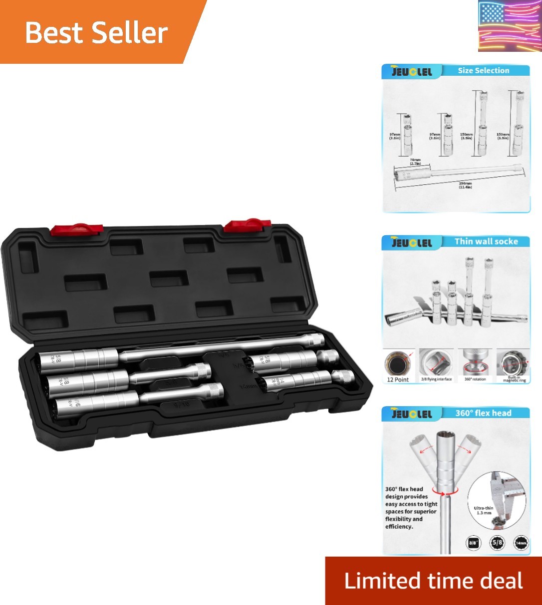5PCS Magnetic Swivel Spark Plug Socket Set, 14mm Thin Wall Socket, 9/16″ 6-in…