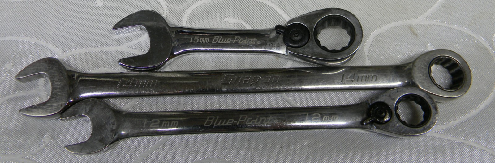 SNAP-ON/BLUE-POINT 3PC METRIC 12PT RATCHETING COMBINATION WRENCH SET 12, 14,15MM