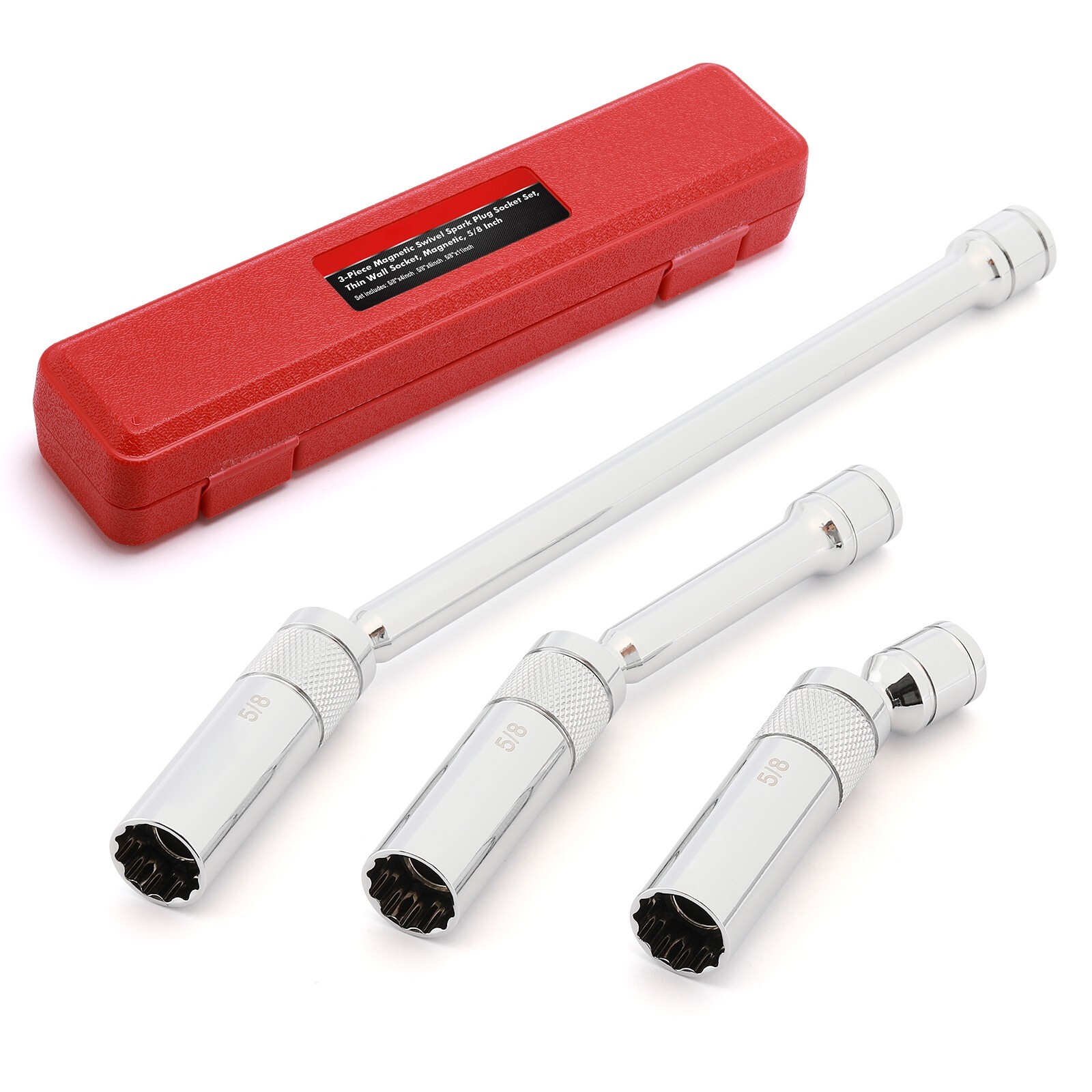 3/8″ Drive Swivel Magnetic Spark Plug Socket Set, 3 PCS 12 PT 5/8″ Extension Set