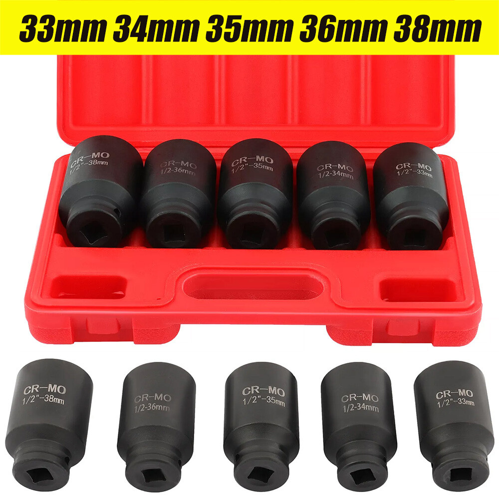 5Pcs 1/2″ Drive Deep Impact Axle Hub Socket Set 6 Point 33mm 34mm 35mm 36mm 38mm