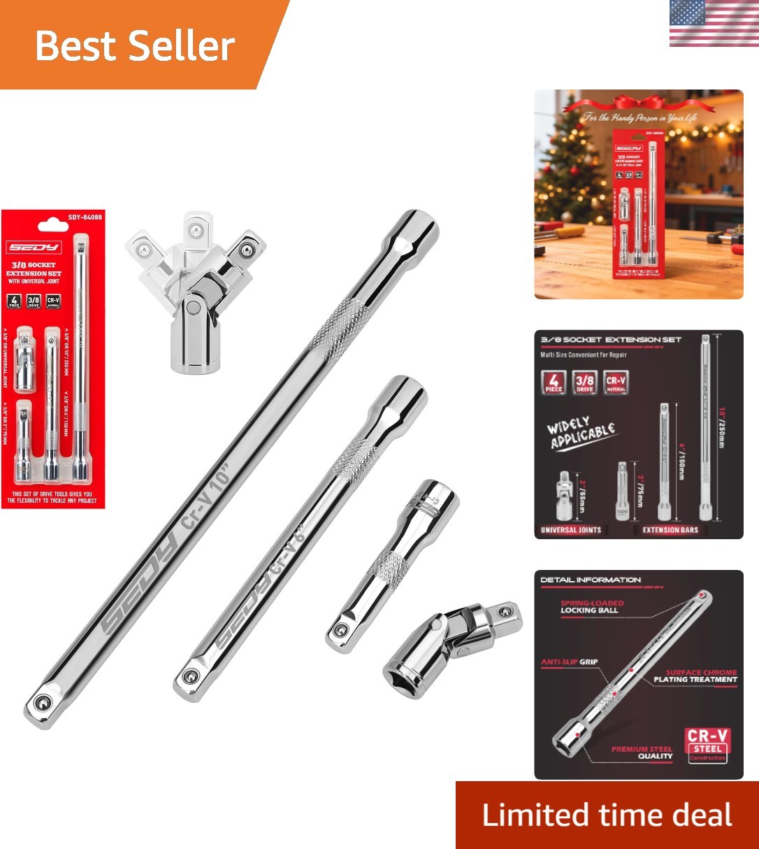 Chrome Vanadium 4-Piece Socket Extension Bar Set – 3, 6, 10 Inches