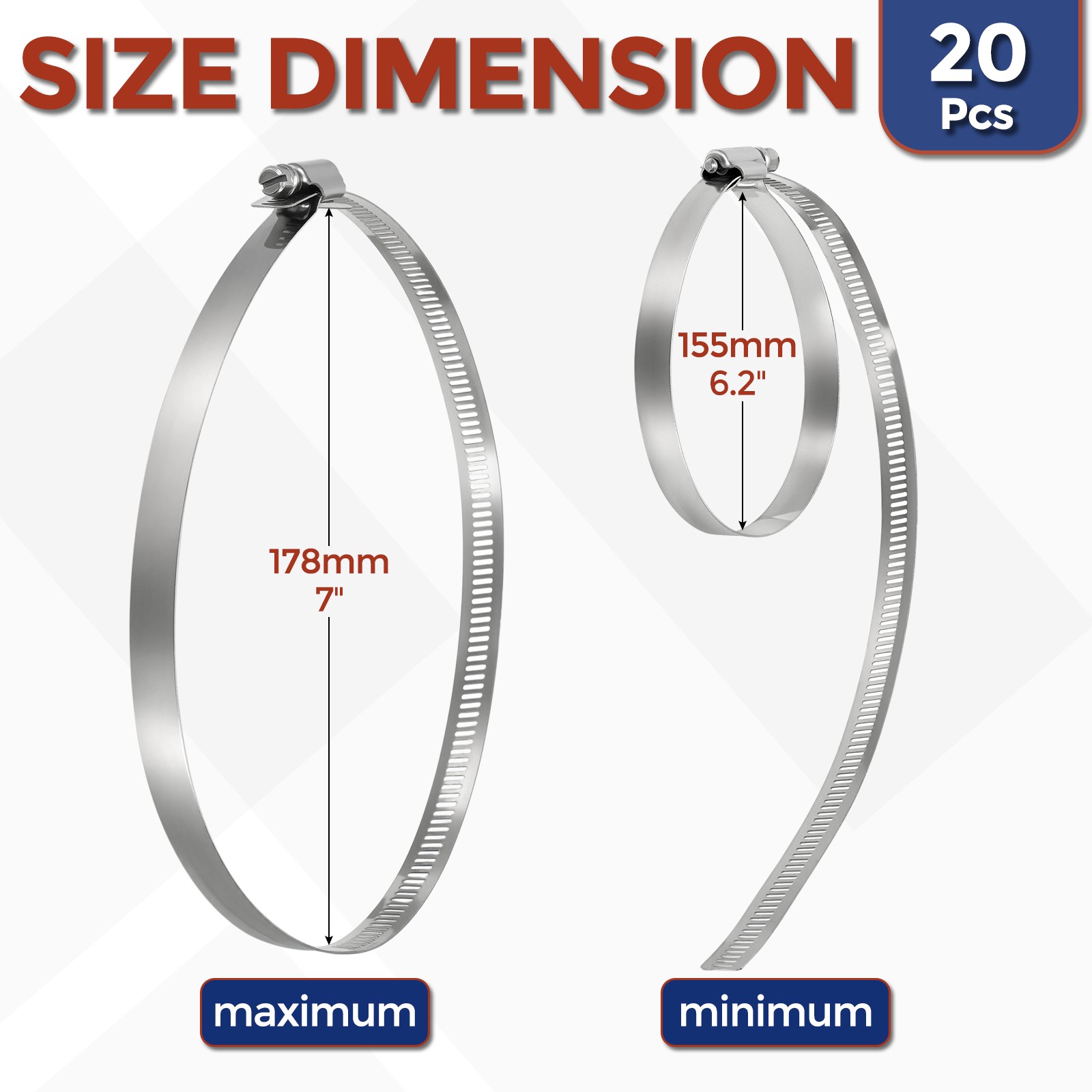 20Pcs Stainless Steel Hose Clamps, Adjustable 6.2″ to 7″ (155-178mm)
