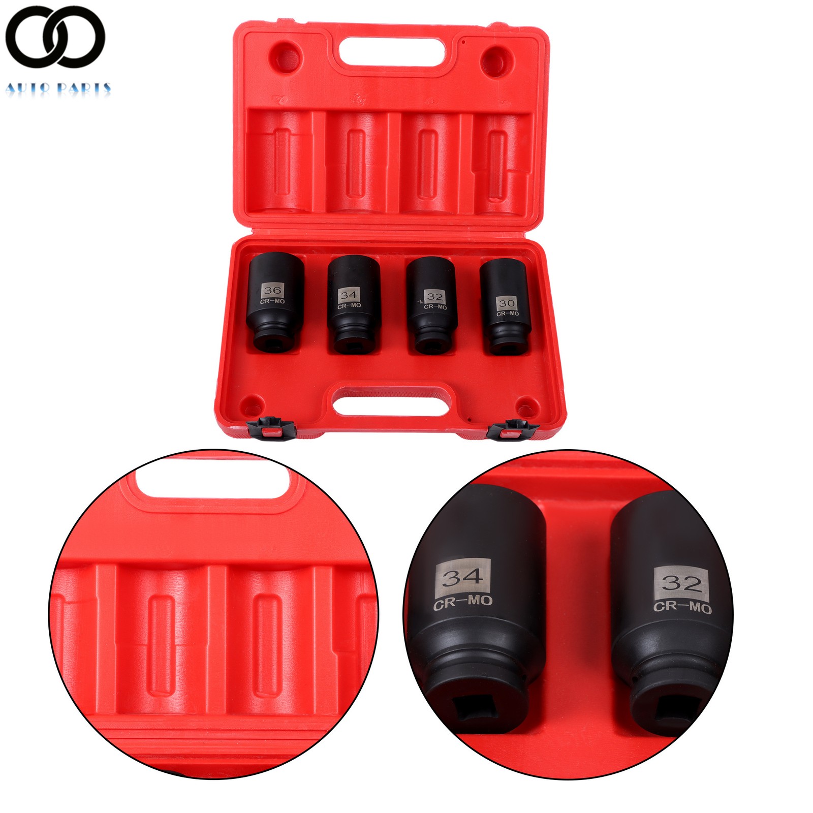 4pc 12 POINT 1/2″ Dr Deep Spindle Axle Nut Socket Set METRIC 30mm 32mm 34mm 36mm