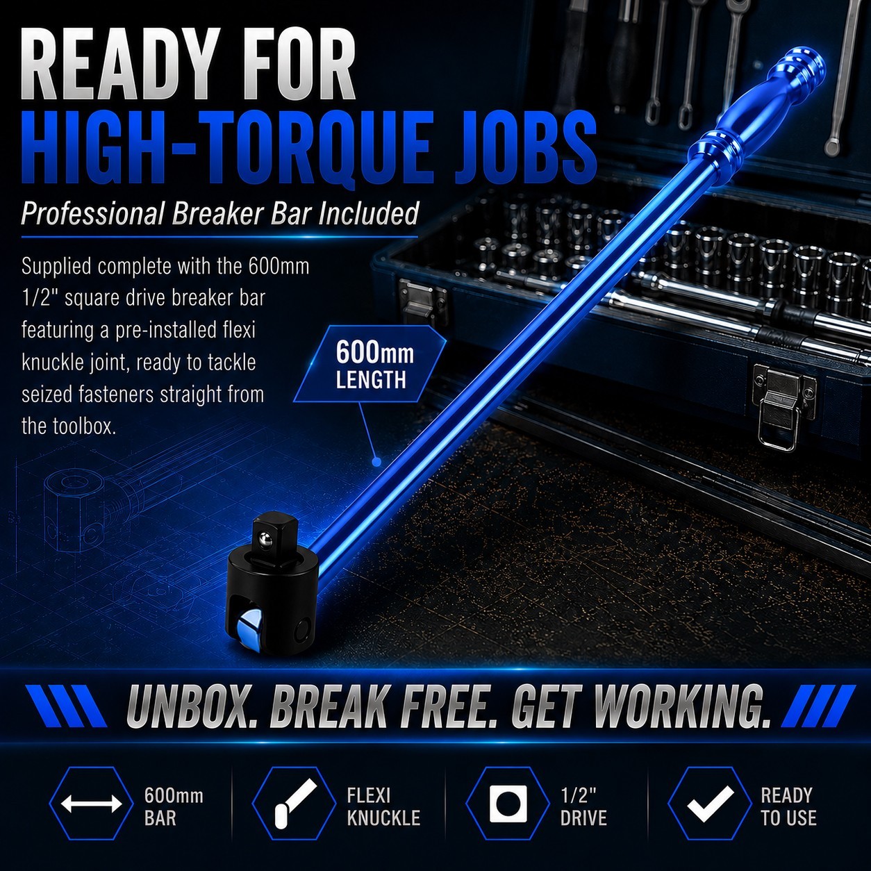 Autojack 24″ Breaker Bar 1/2″ Socket Sq Dr Power Flexi Knuckle Blue Chrome 600mm