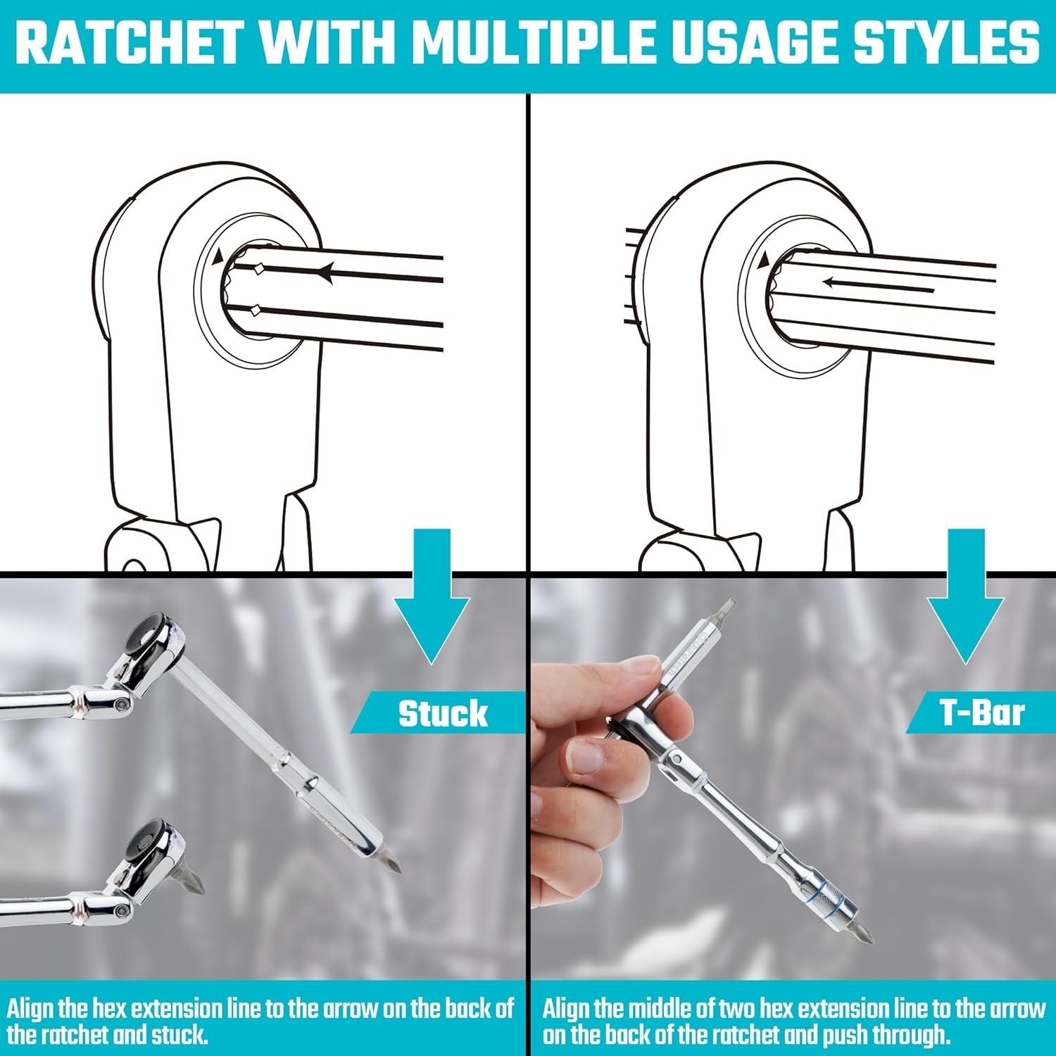 1/4 Inch Flex Head T-Handle Ratchet Mini Wrench Set with Hex Bit Extension
