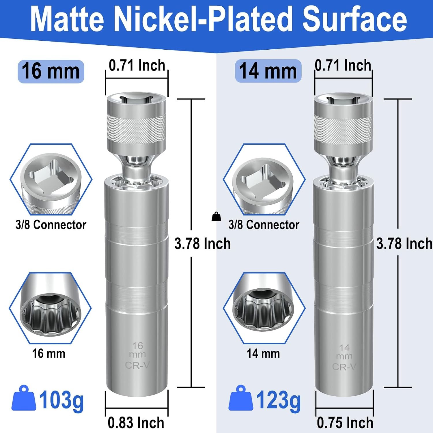 14mm & 16mm Magnetic Swivel Spark Plug Socket Set, 3/8″ Drive Thin Wall 12-Point