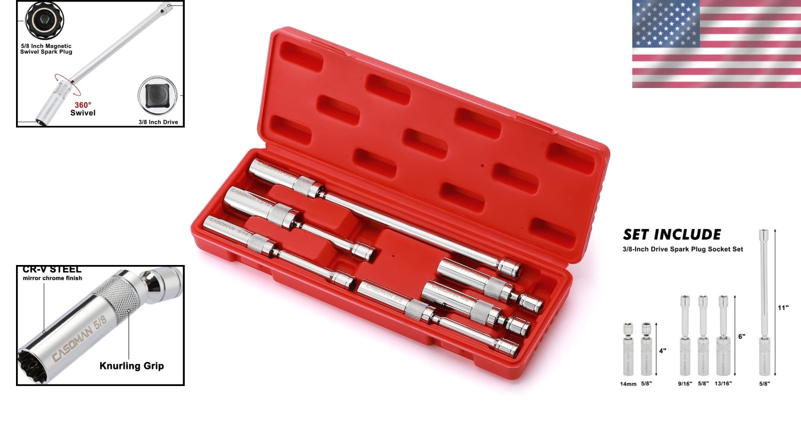 Magnetic Swivel Spark Plug Socket Set, 6PCS 3/8″ Drive