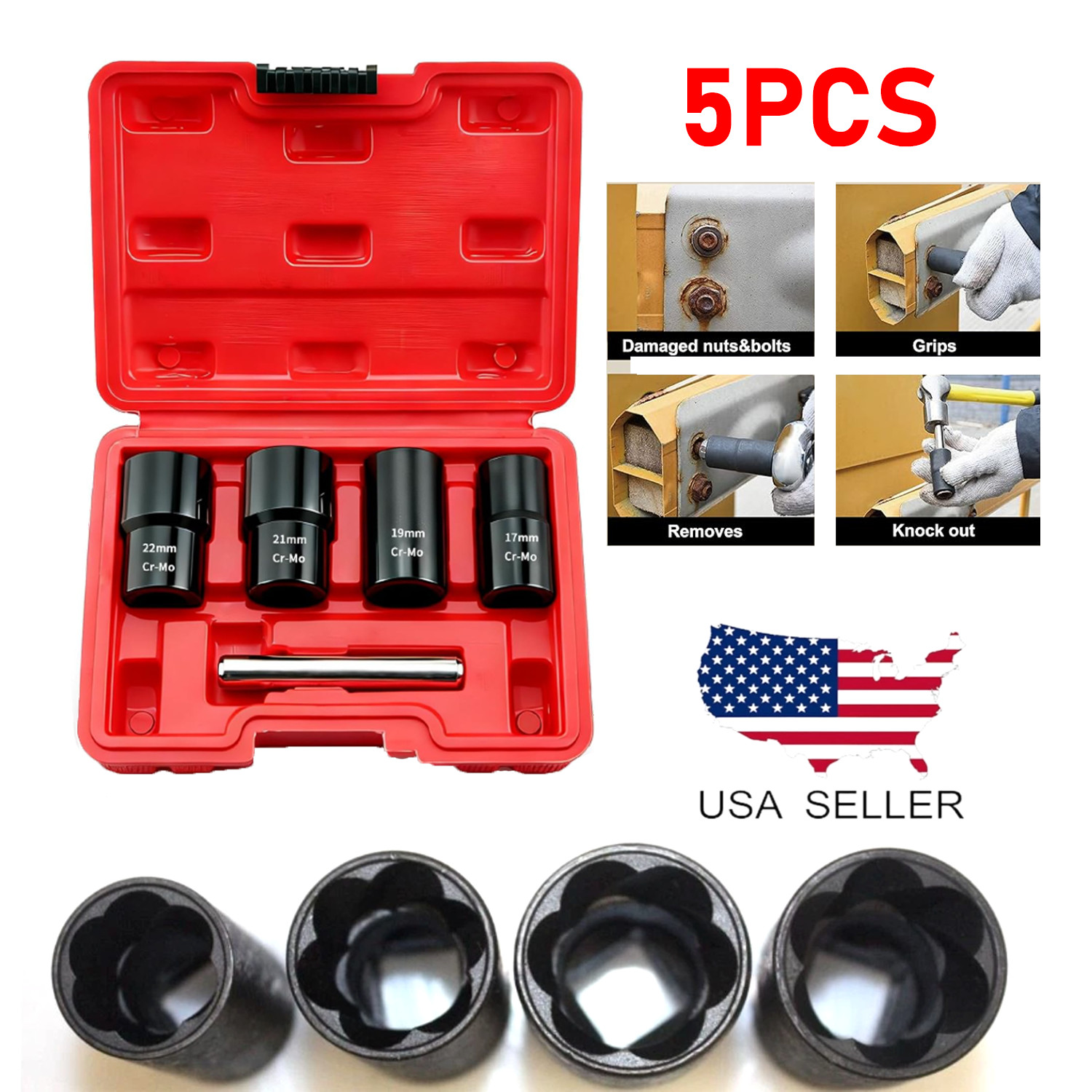 5pcs Twist Socket Kits 1/2» Drive Wheel Lock Nut Removal Tool Set 17 19 21 22mm