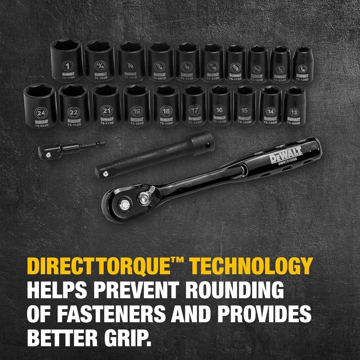 DEWALT 23-Pc Impact Socket Set w/Ratchet 1/2″ Drive Metric & SAE (DWMT74739)