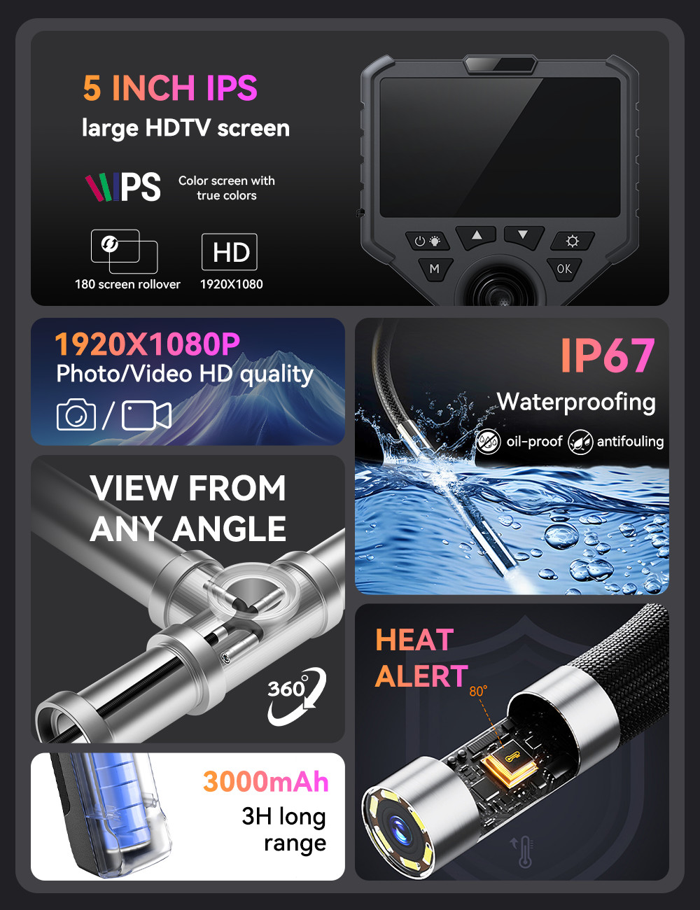 5in 1080P HD 4-Way 360° Articulating Borescope Industrial Endoscope Camera