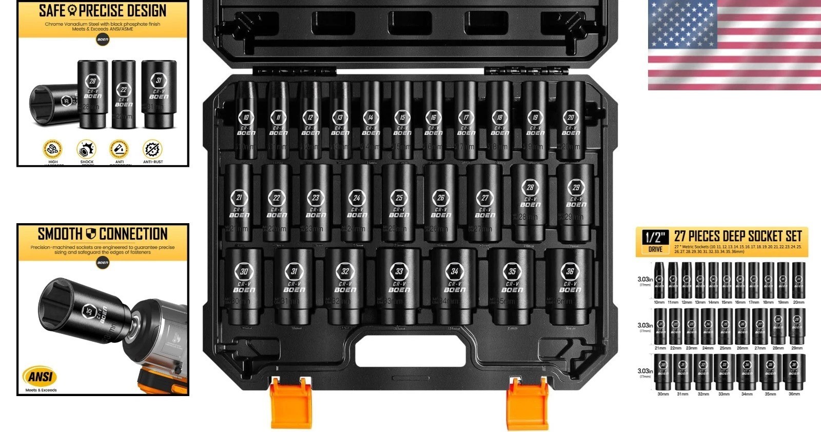 Precision 27PCS Metric Deep Socket Set with Laser Markings and Portable Case