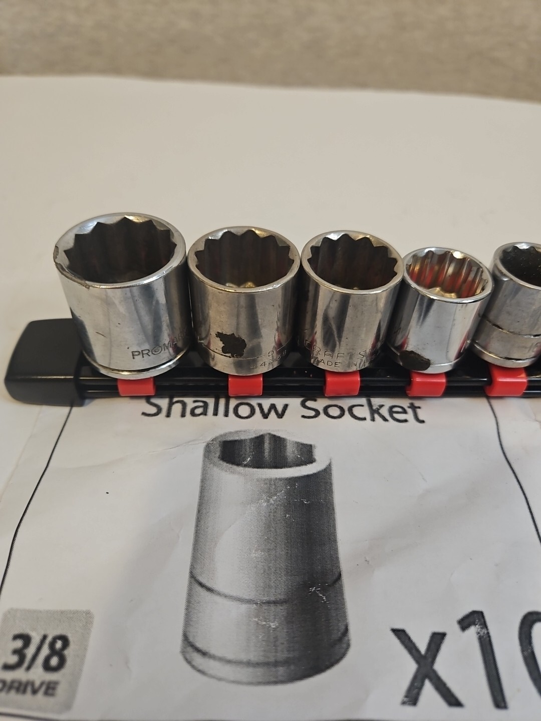 MISC LOT 11 Pieces Socket Set 3/8” Dr 12-Point Shallow 5/16 To 7/8 with Red Rail