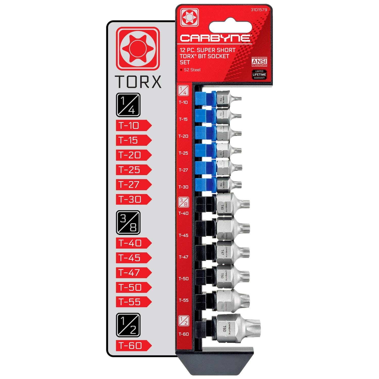 12-Piece Torx Bit Socket Set T10-T60, Low Profile S2 Steel, Dual Drive for Tight