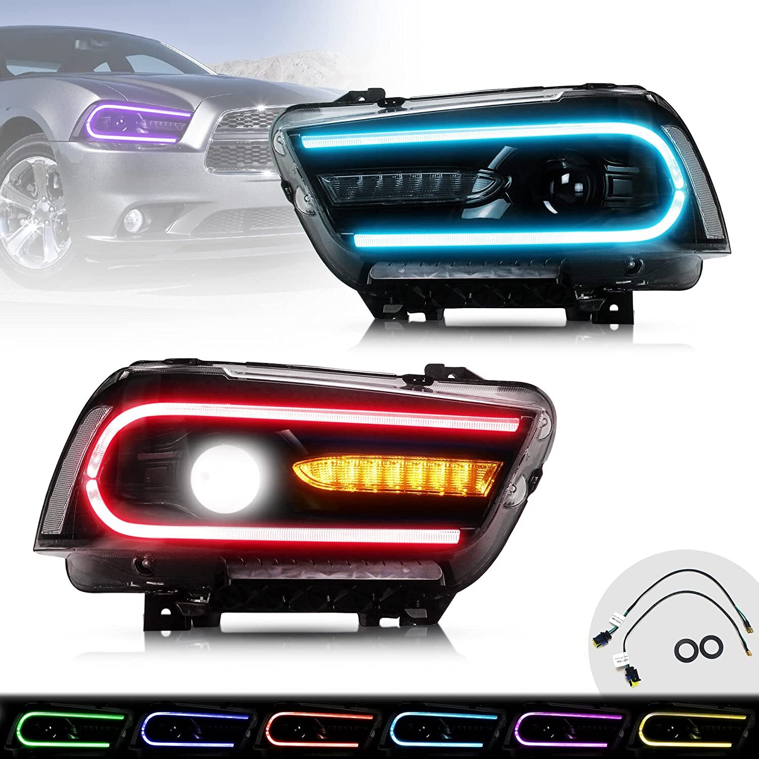 VLAND Headlights w/RGB DRL Sequential Turn+LED Bulbs For Dodge Charger 2011-2014