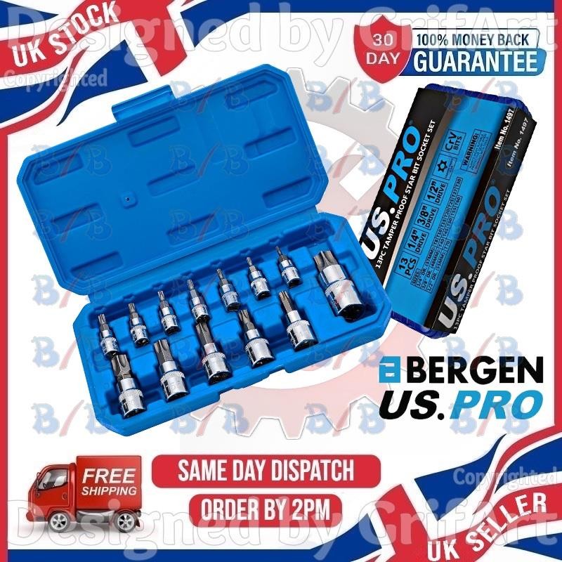 USPRO 13PC TAMPERPROOF STAR BIT SOCKET SET WITH HOLE T8-T70 1/4″ 3/8″ 1/2″ DRIVE