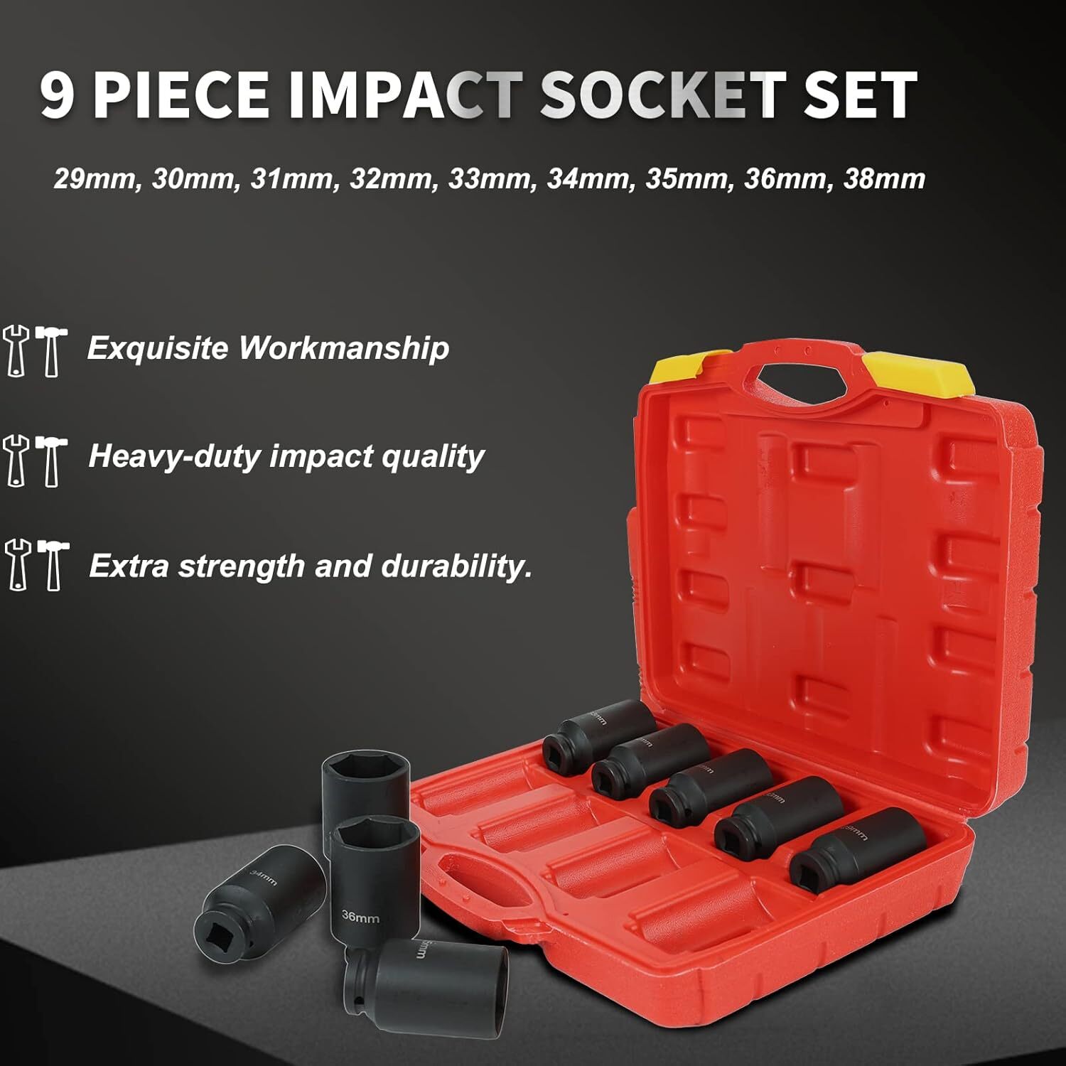 9PCS 1/2″ Drive Deep 6-Point Impact Socket Set, Metric,Cr-Mo,29-38mm Radius…