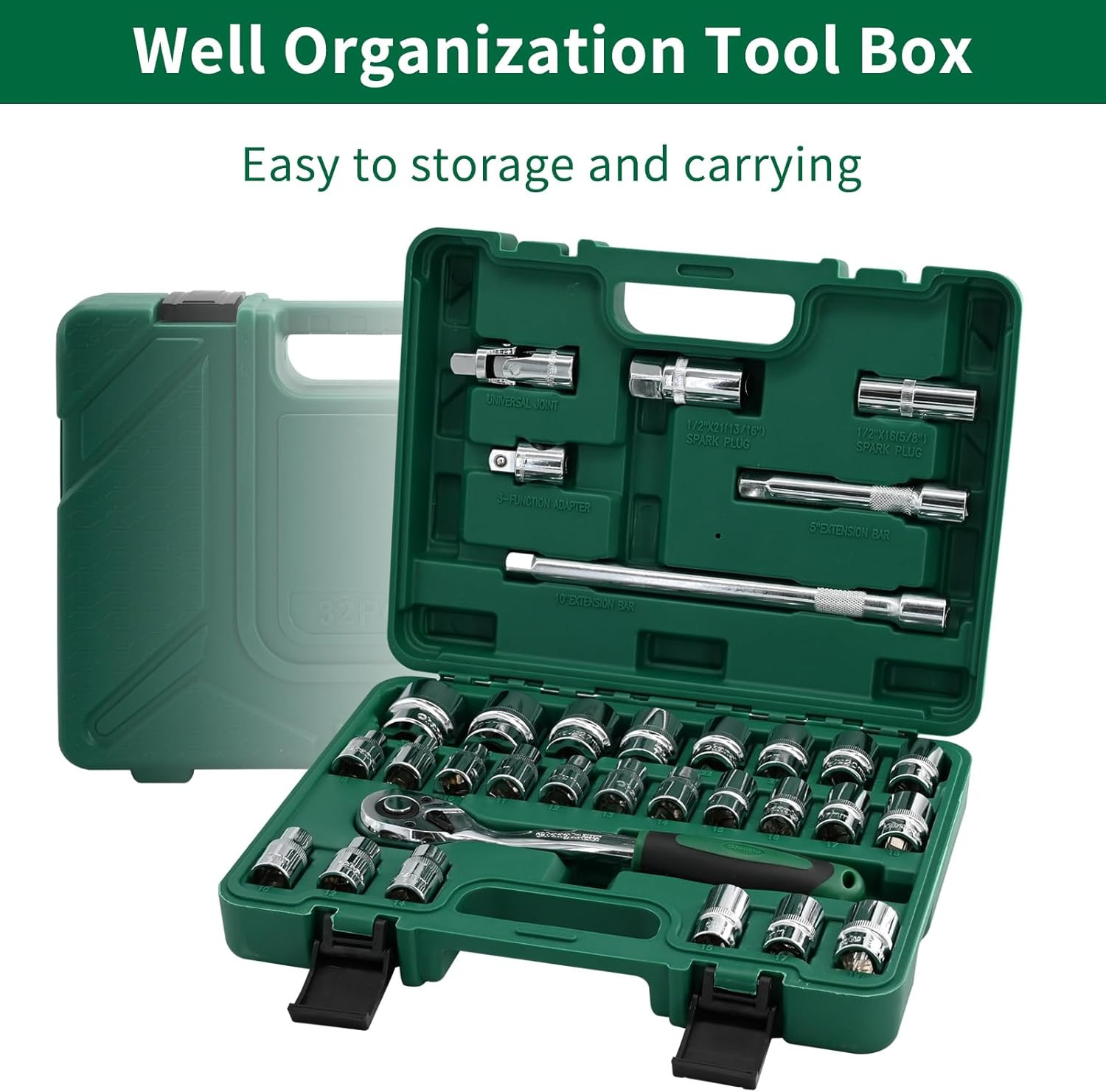 8-32mm Sockets 6/12 Point Ratchet Wrench Kit 32 Pcs 1/2″ Drive Socket Set Metric