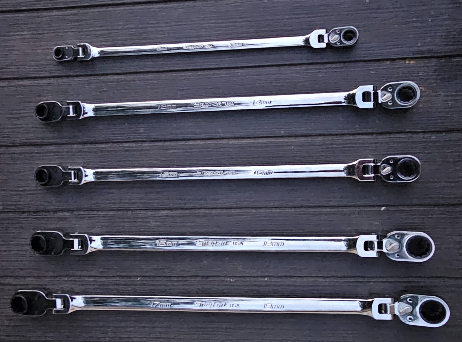 Snap-on XFRRM705 12-point double flex ratcheting wrench set 8-19mm reversible