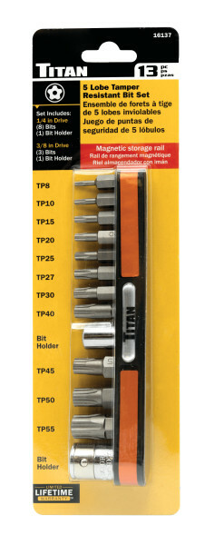 Titan 16137 13pc Tamper Resistant Bit Set 1/4in and 3/8in Drive Sockets
