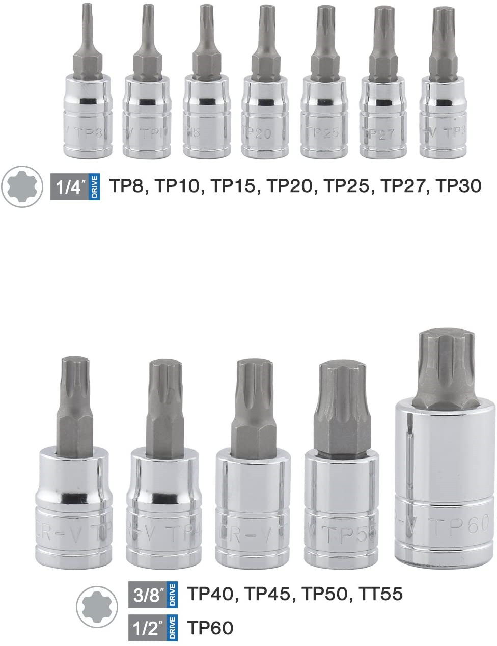 Neiko 10086A Tp8 – Tp60, Cr-V and S2 Steel Torx Plus Bit Socket, 6 Point Star 12