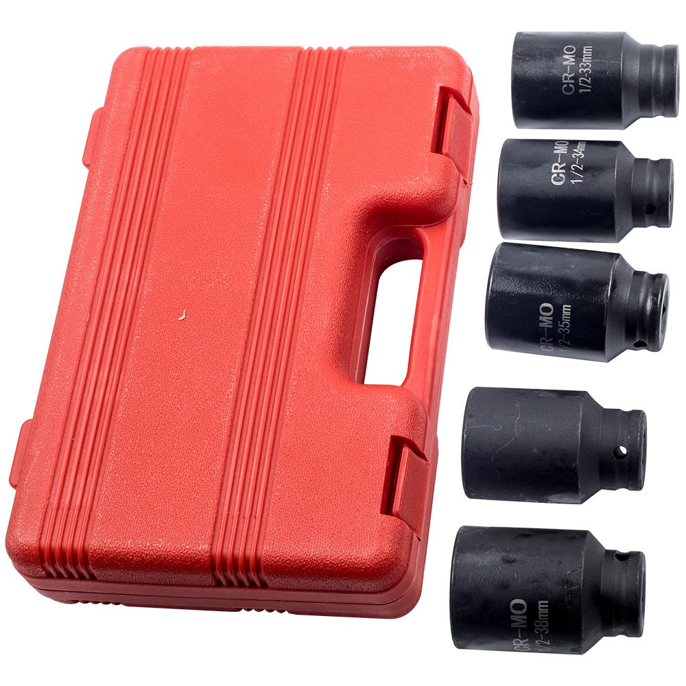 5pc 33mm-34-35-36-38mm 1/2» Drive 6 Point Deep Spindle Axle Nut Socket Set Tool