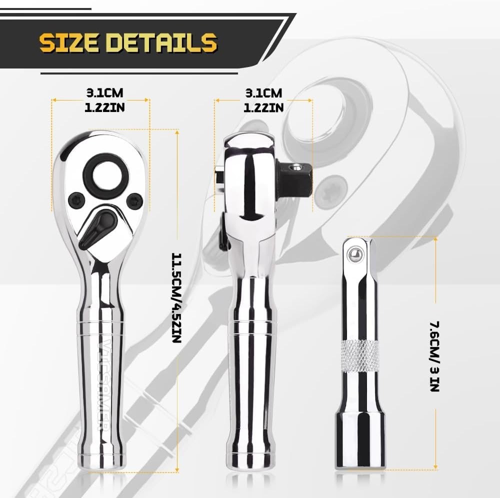 Stubby Ratchet Set- 3/8″ Drive Handle with a Extension Bars, Silver