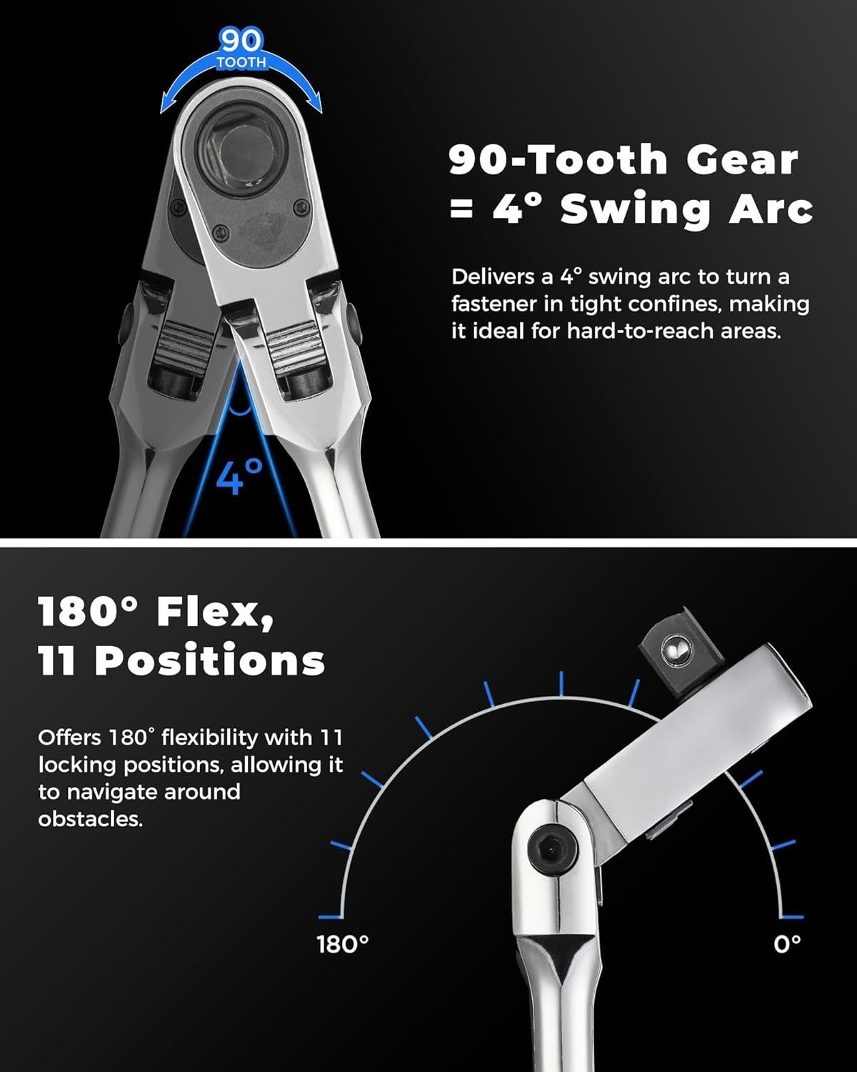 4Pcs Flex Head Ratchet Set, 1/4“&3/8″&1/2″ Drive Gear Wrench Compact Head Rat…