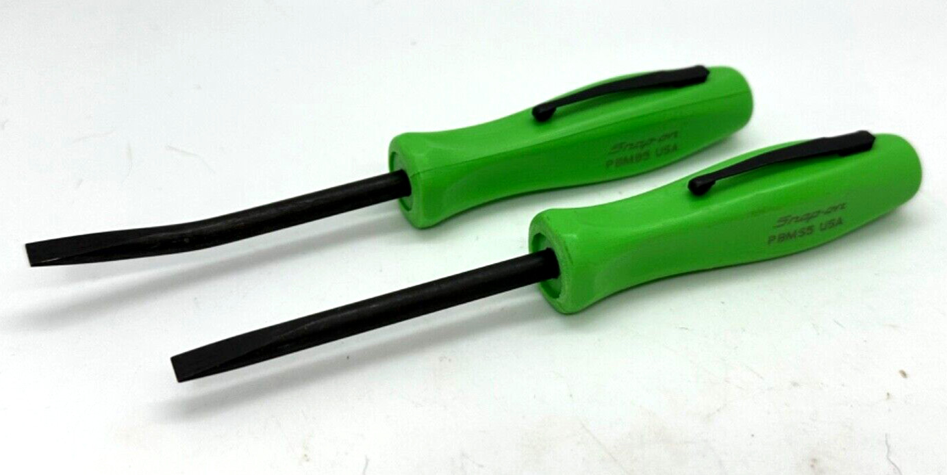 🆕 Snap on Tools GREEN 5″ Straight Bent Curved Mini Pocket Clip Pry bar Set Lot