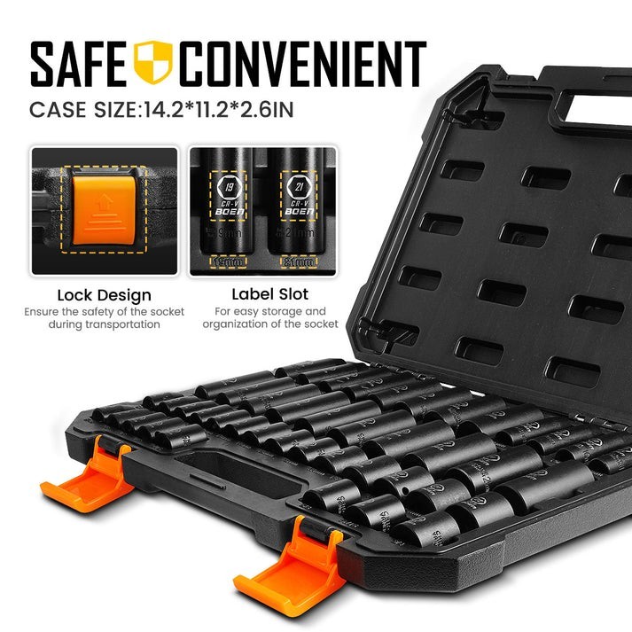 44Pc 3/8″ Drive Impact Socket Set SAE/Metric Standard+Deep 6-Point CR-V Wrench