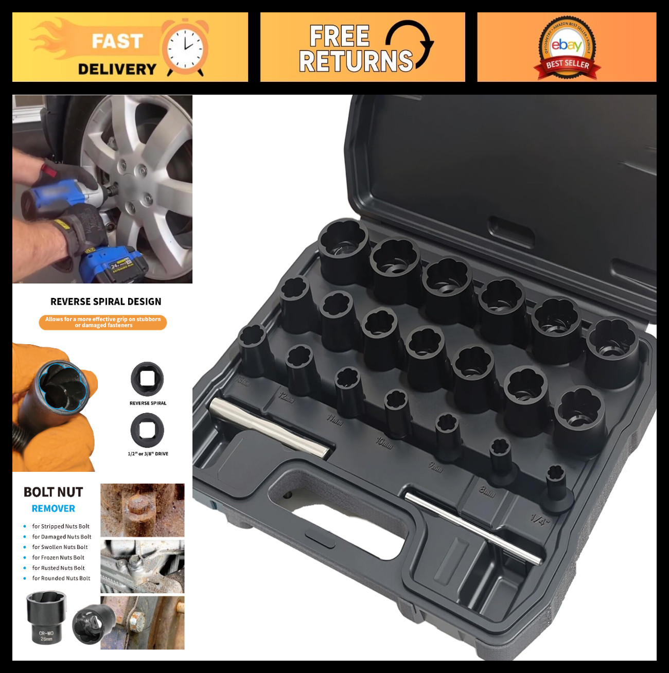 22pcs Metric Bolt Nut Extractor Set 8-27mm Impact Lug Removal Tool Kit for Strip