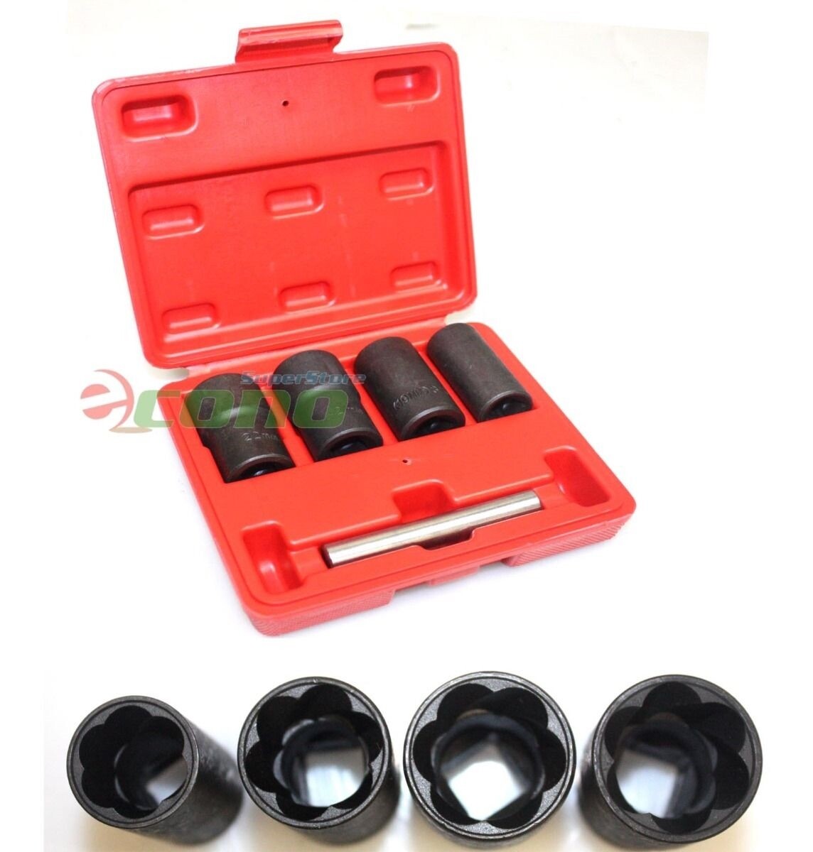 5pc Twist Socket Set 4 Damaged Worn Lug Nut and Lock Remover 17,19, 21mm, 22mm