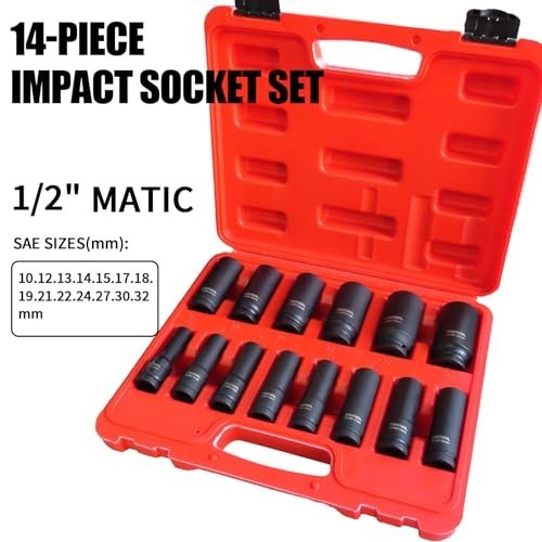 1/2″ Deep Drive Impact Socket Set 14 Pcs, 6-Point Metric (10mm-32mm), Cr-Mo Stee