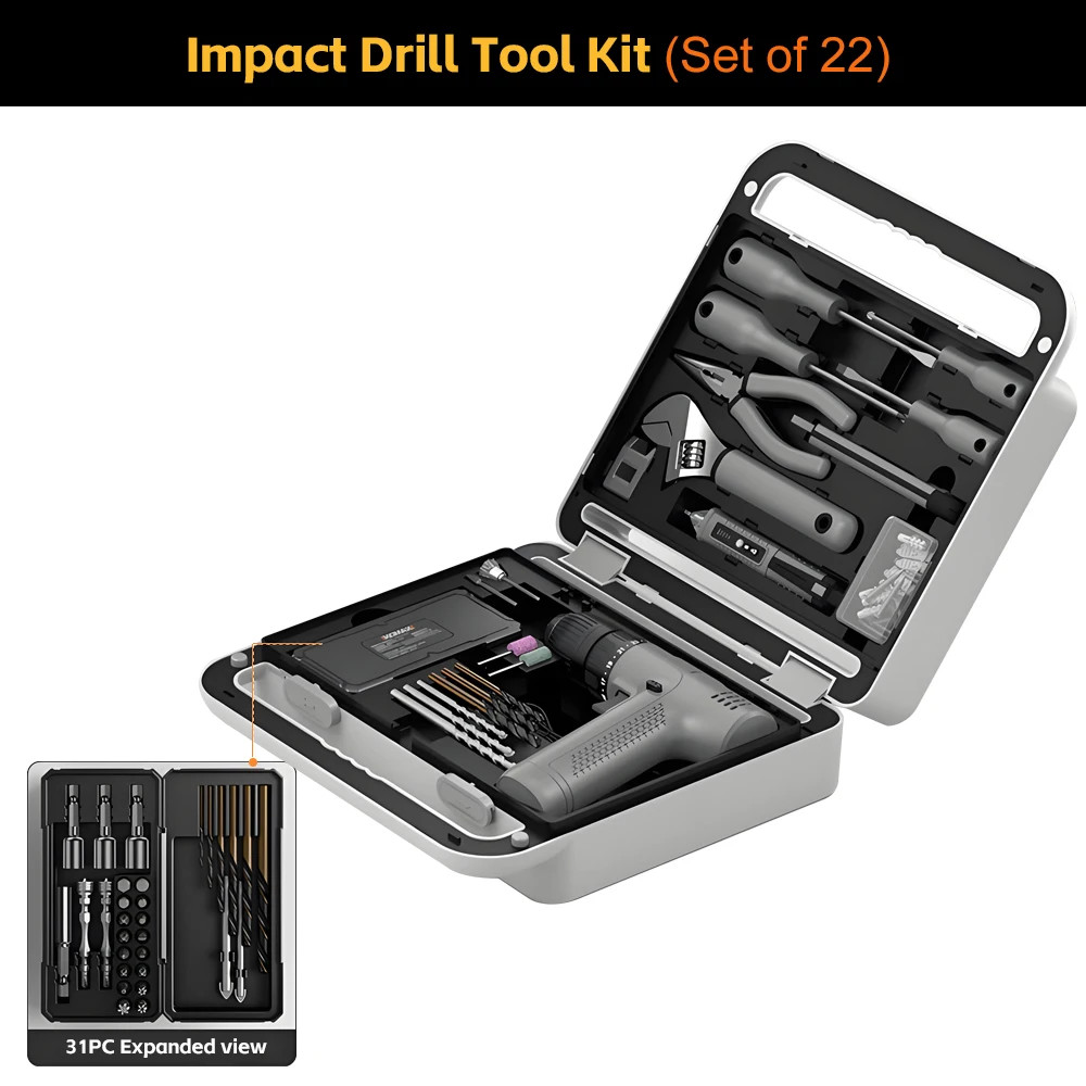 Cordless Drill Tool Set 22PCS Rechargeable Electric Screwdriver Combo Kit Portab
