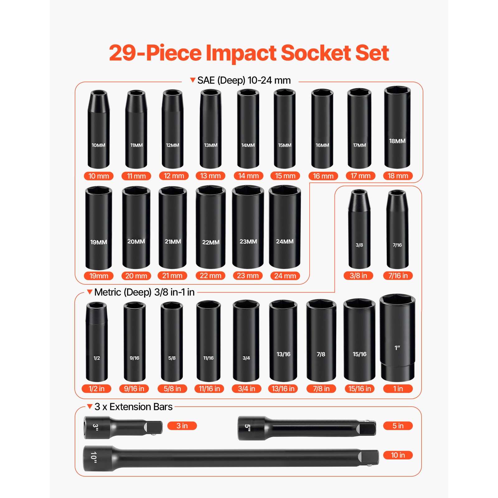 29Pcs 1/2″ Drive Deep Impact Socket Set with Extension Bars SAE and Metric CR-V