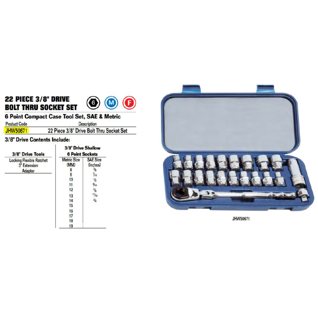 Williams 3/8″ Dr Bolt-Thru Skt Set 22Pc- 50671