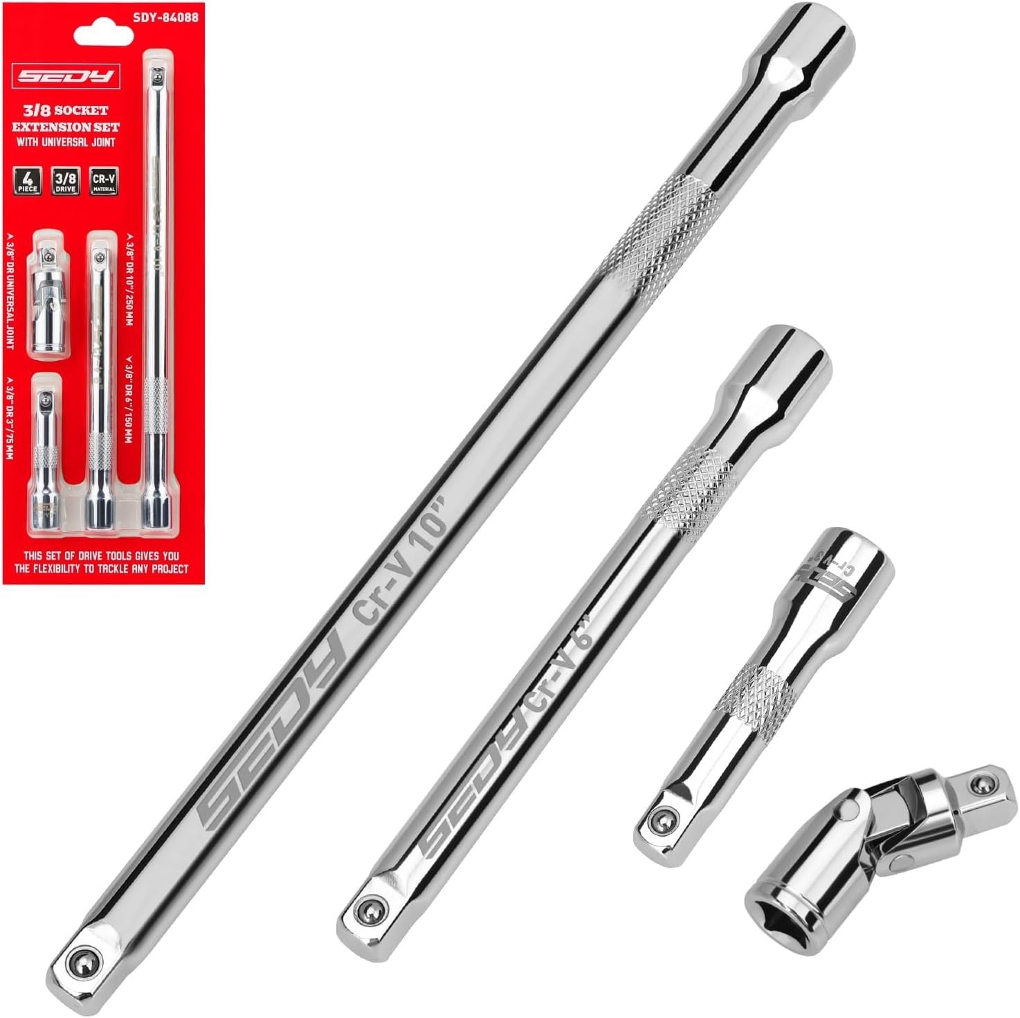 Socket Extension Bar Set 3/8 Inch Drive 3 6 10 Inch Cr V Steel Universal Joints