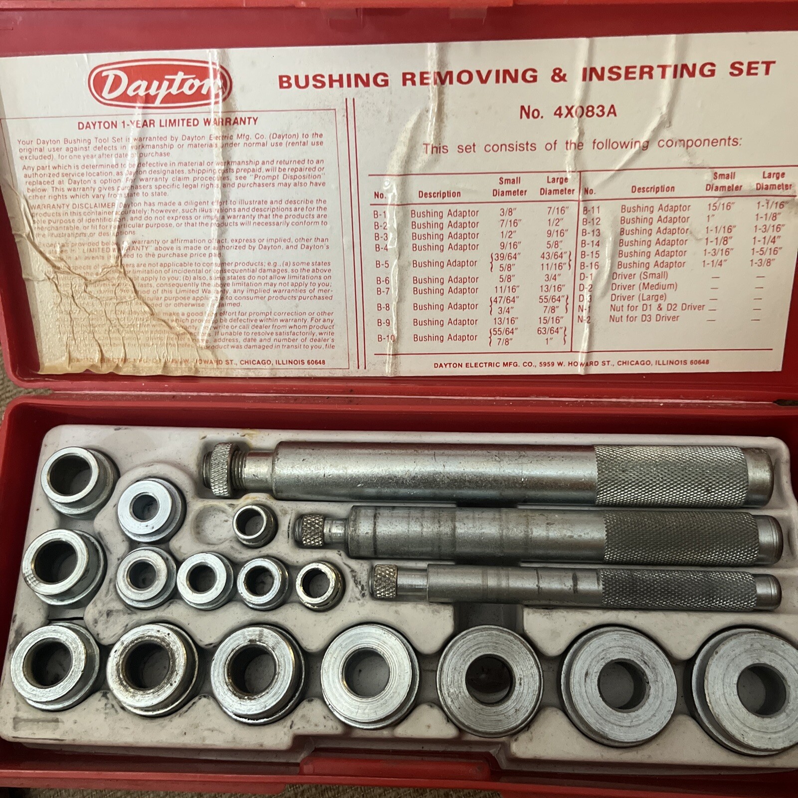 Dayton 4X083A 19 Of 20 Piece Bushing Removing & Inserting Set in Case