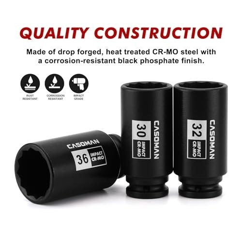 1/2″ Drive Deep Spindle Axle Nut Impact Socket Set, 12 Point Metric, CR-MO, 30-3