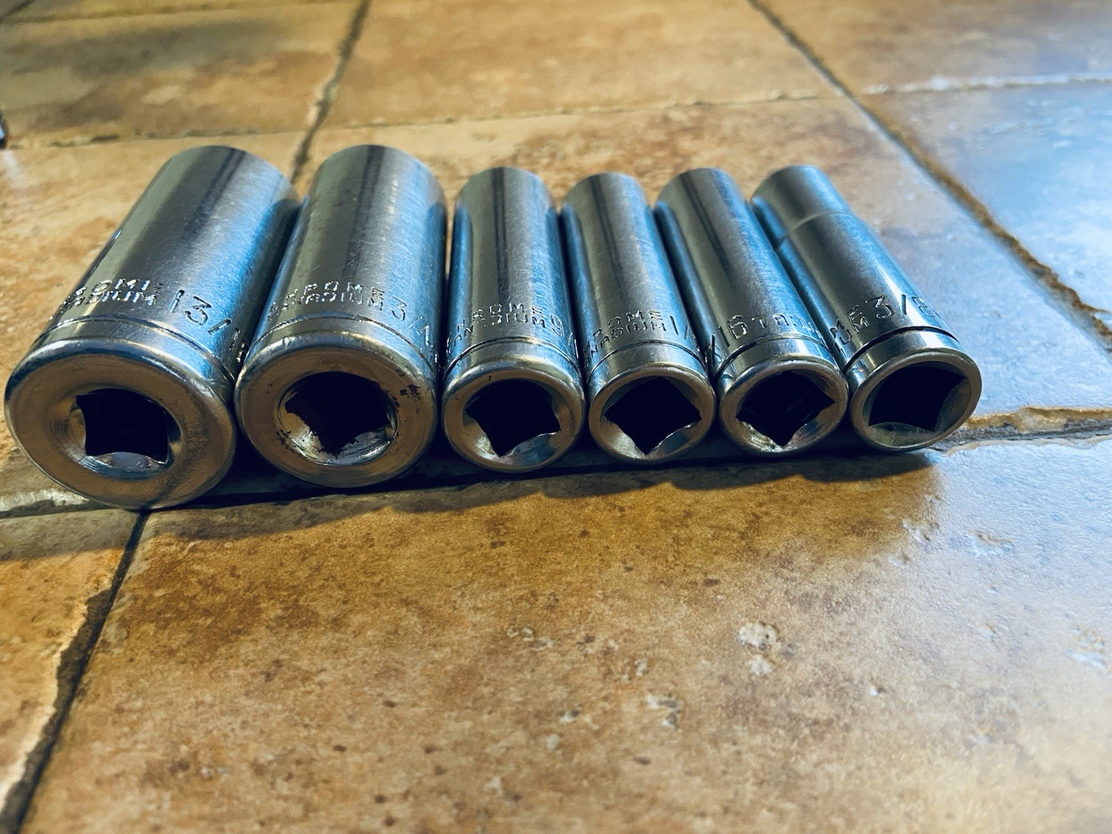 Vintage Set Of Chrome Vanadium Deep well Sockets Sold As A Set Of 6