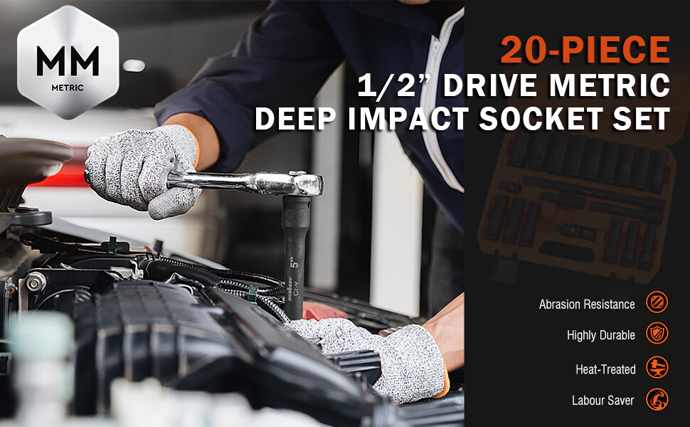 20PC Deep Socket Set Impact 1/2″ Drive Extension Bars Flexible Adapter 10-24mm