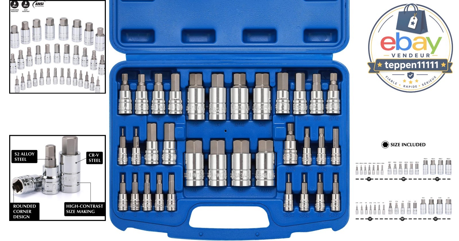 Hex Bit Socket Set 33PCS, 1/4″, 3/8″, 1/2″ Drive, SAE & Metric