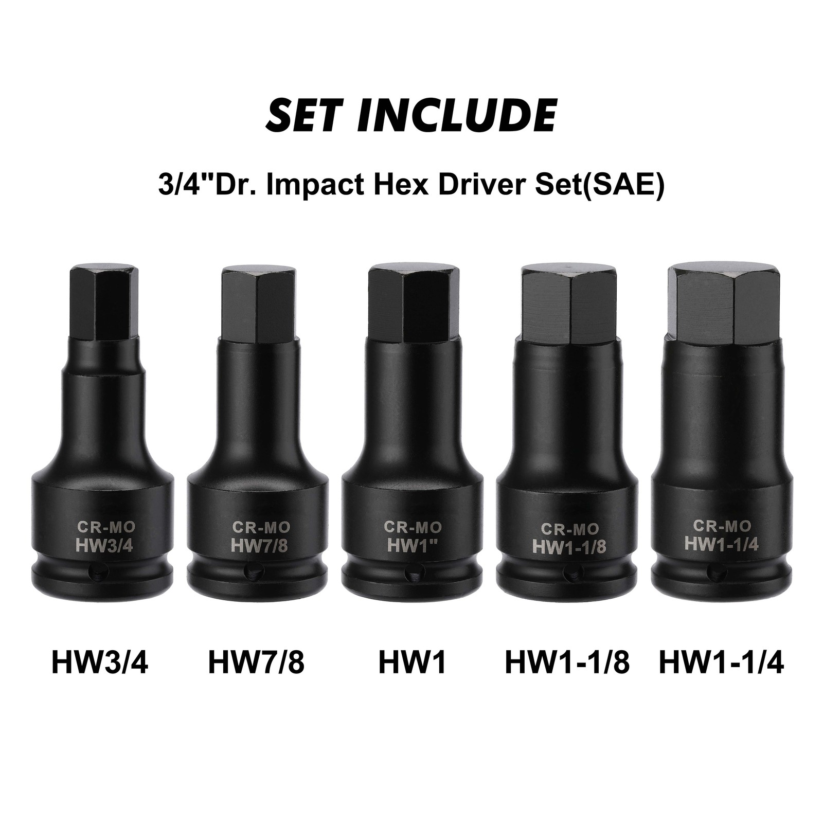 3/4 Inch Drive Impact Hex Driver Set 5 PCS SAE, 3/4″, 7/8″, 1″, 1-1/8″, 1-1/4″